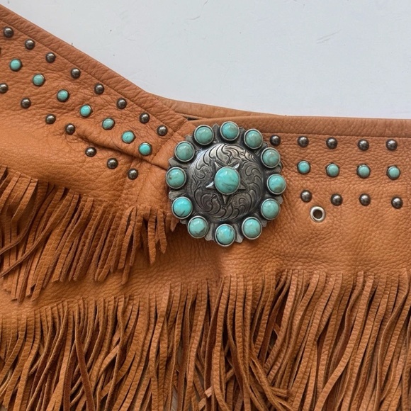 Patricia Wolf wide leather fringe belt studs turquoise concho RTL $250 L NWOT - Picture 5 of 9